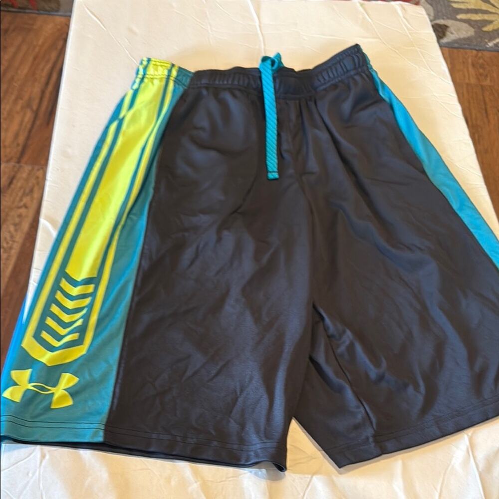 Under Armour Black Shorts with Teal and Yellow Stripes Youth Large - Picture 3 of 6